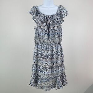 Elaine Rose Dress sz Small S Blue Floral Fit Flare Ruffle Accent Above Knee